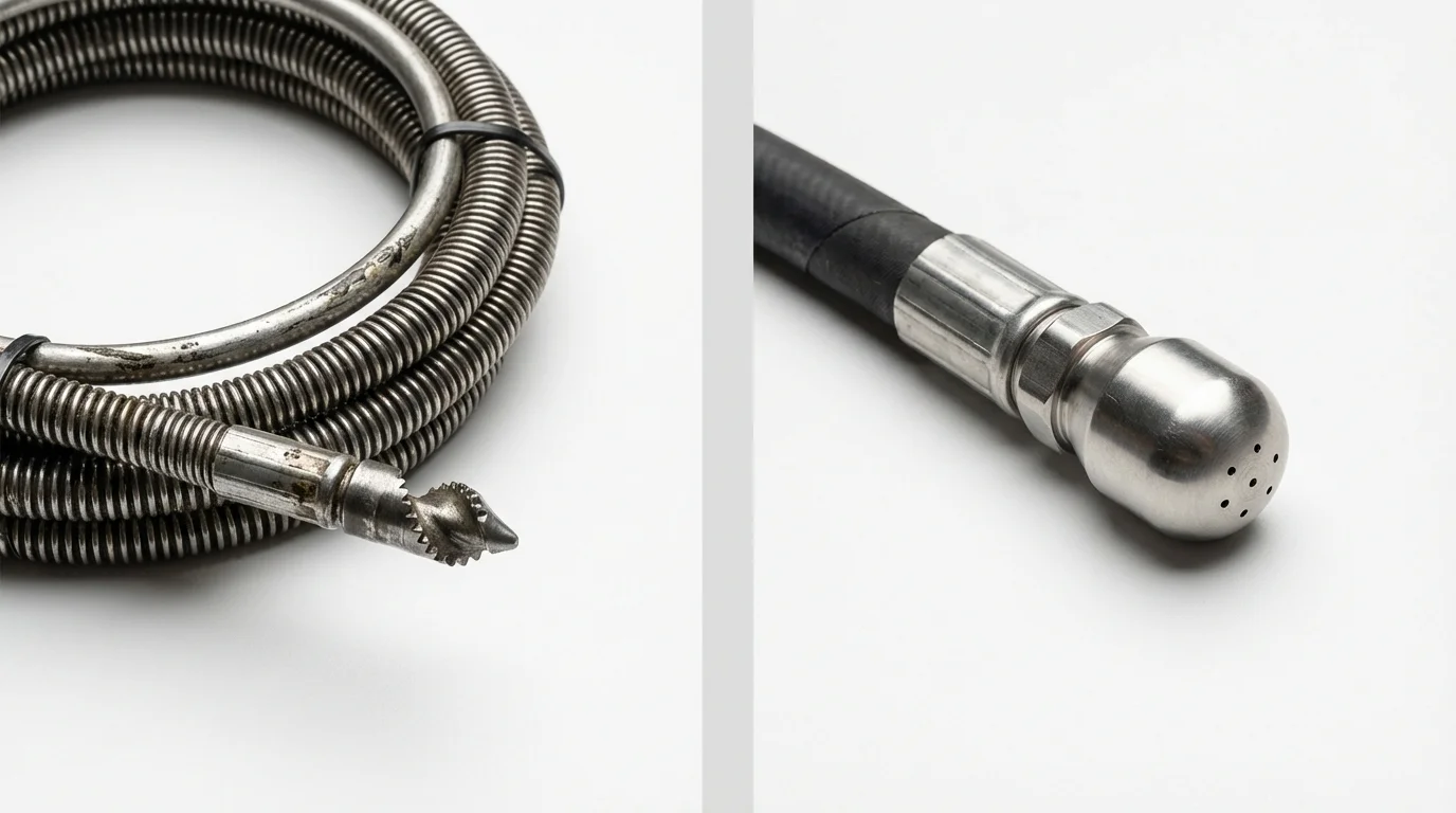 Drain snake cable and hydro jetting nozzle used for drain cleaning in Mound, MN