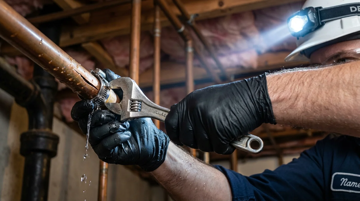 Emergency pipe clamp repair being performed by a Johns Plumbing LLC plumber in Mound